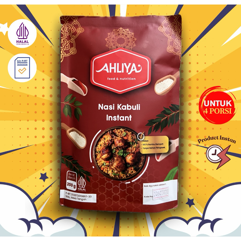 

Nasi Kebuli Instan - Nasi Arab - Produk Instan 230g untuk 3-4 Porsi - Beras Basmati dengan bumbu - Nasi Khas Timur Tengah - Nas Briyani - AHLIYA