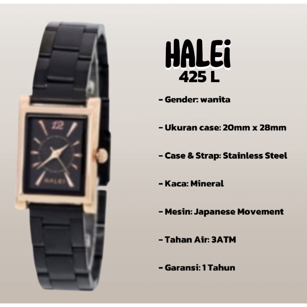 halei 425 L jam tangan wanita halei original fashion casual analog rantai stainless anti air