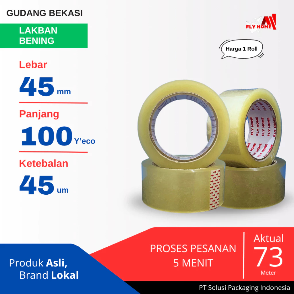 

Lakban Bening Ukuran Panjang 45 mm Panjang 100 Yard Kualitas Bagus Dan Tidak Mudah Putus Merek Flyhome & mpi