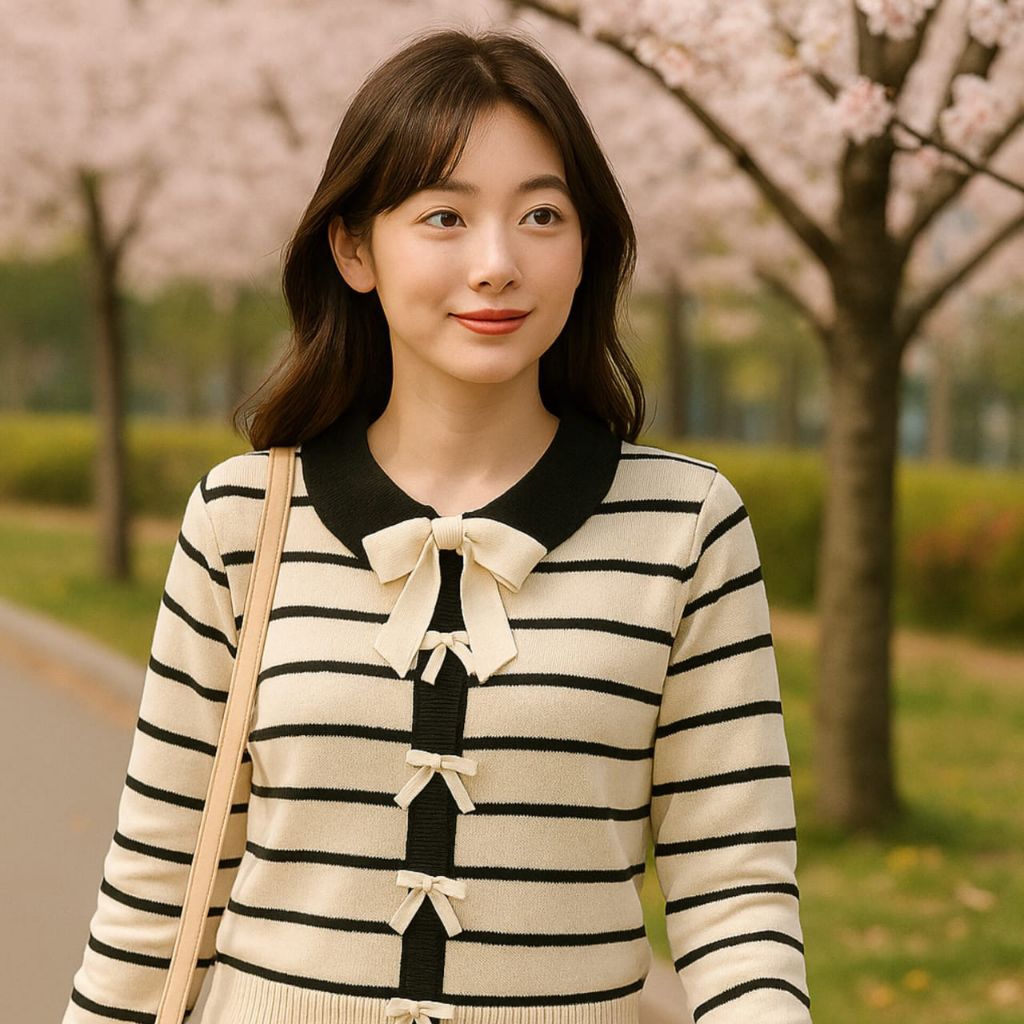 cardigan rajut korean look – kerah pita motif stripe tipis