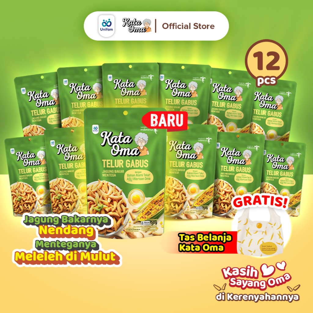 

12 Pcs Kata Oma Telur Gabus Rasa Jagung Bakar Mentega 50 Gr - FREE SHOPPING BAG