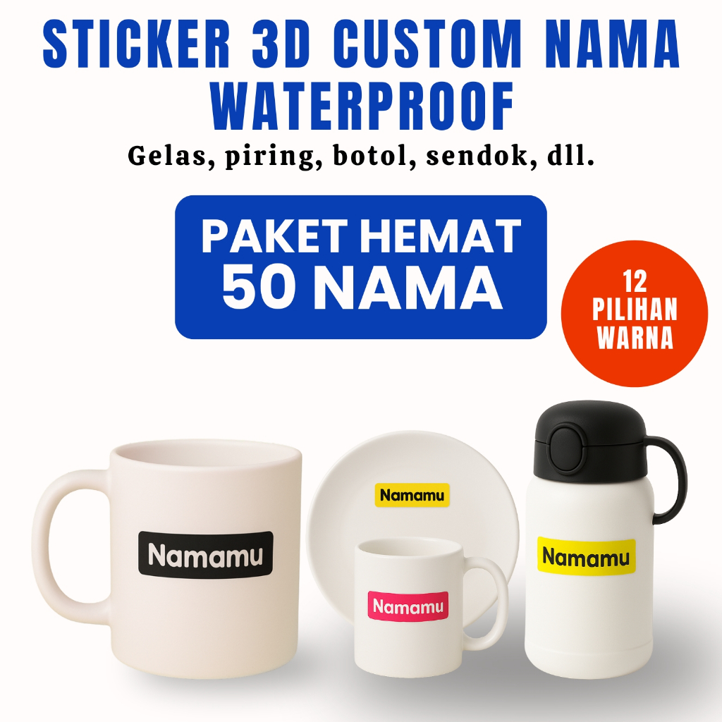

50 PCS Stiker Barang Custom Nama Piring Sendok Botol Gelas Perabotan timbul waterproof labe 3Dl