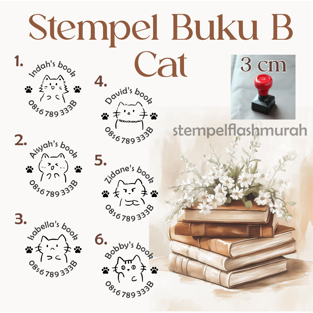 

stempel nama hp buku B KUCING pelajaran sekolah cat lover koleksi pustaka pribadi flash stamp tinta otomatis