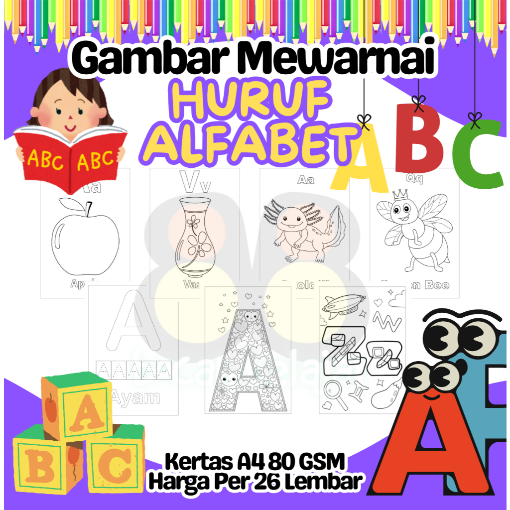 

26 Lembar Kertas Gambar Mewarnai Ukuran A4 Tema HURUF ALFABET Termurah - Anak Anak TK SD PAUD Remaja