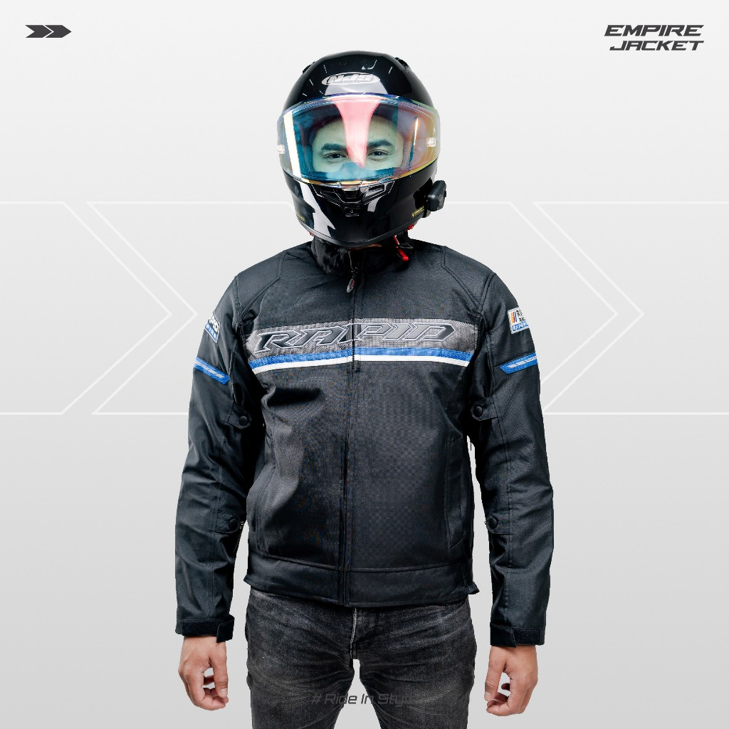 Empire Jacket - Jaket Motor Touring Pria - Rapid Jacket warna hitam kombinasi strip biru putih