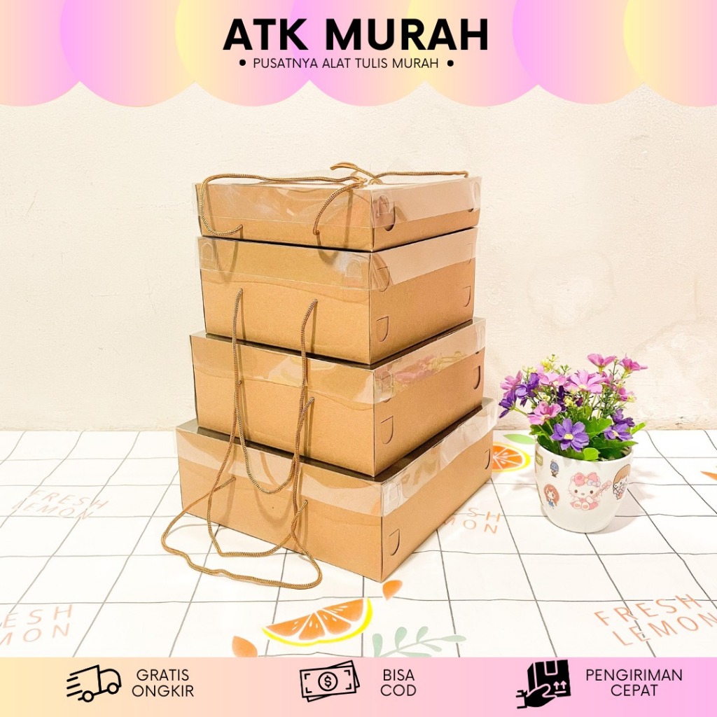 

BOX MIKA TALI EMAS KARDUS COKLAT DUS KRAFT TALI TUTUP MIKA 1952 Tinggi Box Kotak Hampers Kue Lebaran brownies cake sincia pudding