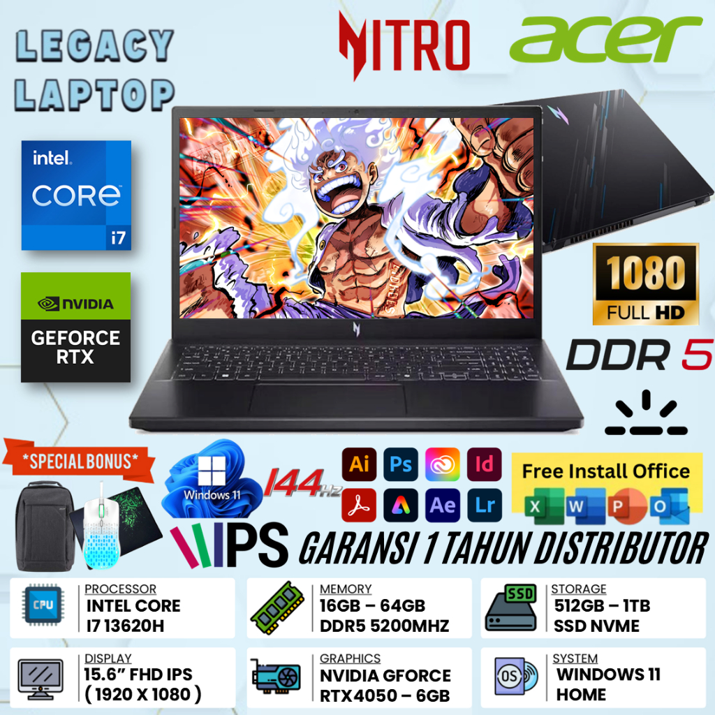 Laptop Acer Nitro V15 ANV15 Intel Core i7 13620H Ram 64GB 1TB SSD RTX4050 6GB FHD IPS 144Hz Win 11