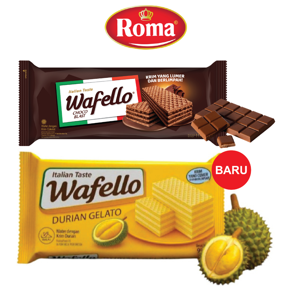 

Wafer Roma WAFELLO Chocolate 96.7 Gr / Durian 95 Gram dari Mayora Choco Blast Cokelat Coklat Snack Cemilan Makanan Ringan Oleh Oleh Khas Pekalongan Murah Berkualitas Premium