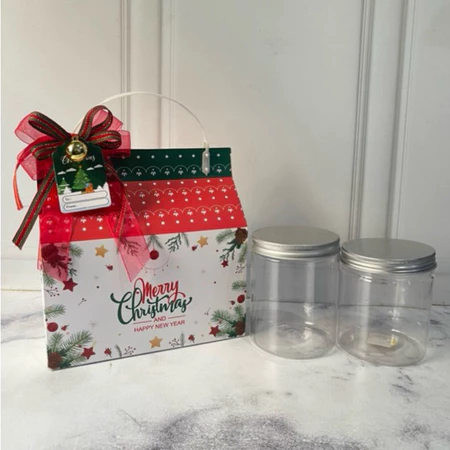 

dus tenteng natal muat 2 toples tabung kuker 500gram gable box christmas laminating doff ukuran 20x10x13 cm