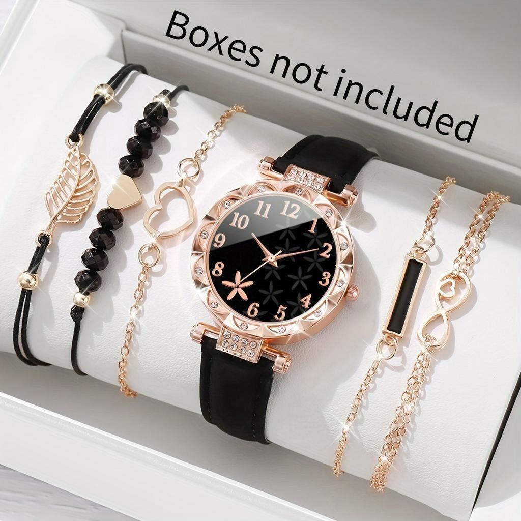 6PCS Jam Tangan Kuarsa Wanita Berlian Starfish Dial PU Tali Kulit Jam Tangan Set Gelang Gratis (Tanp