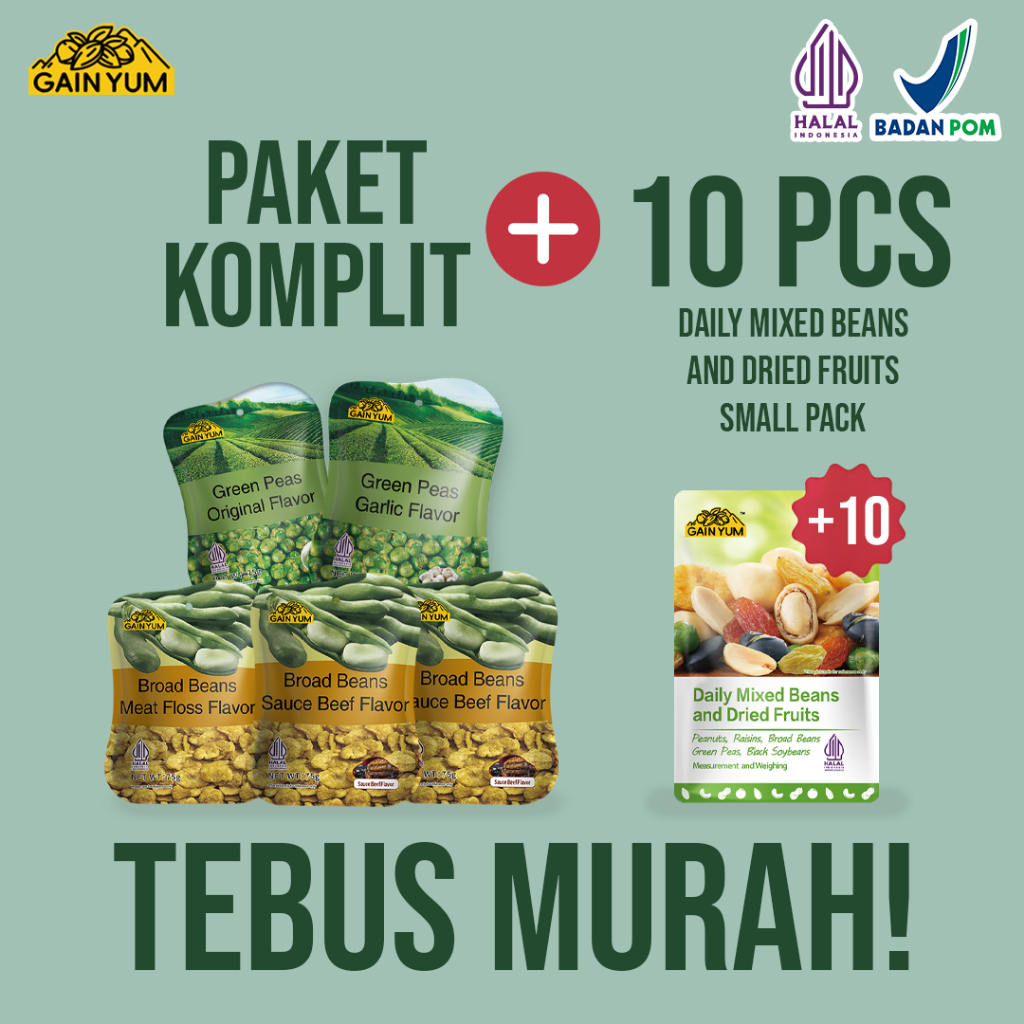 

[ PAKET KOMPLIT ] Gain Yum Snack - ALL VARIAN Kacang Polong dan Kacang Koro Ukuran 75g