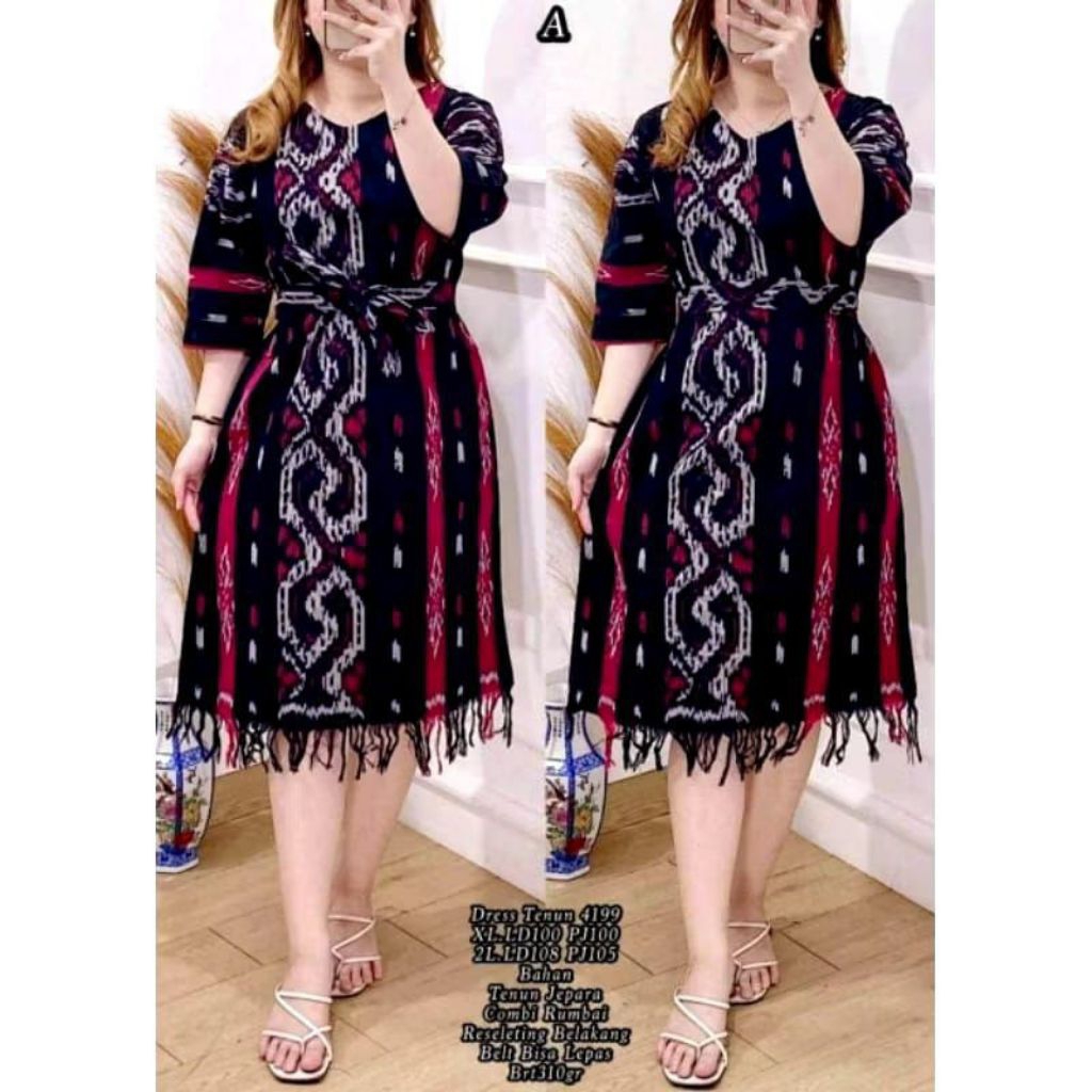BAJU TENUN WANITA DRESS TENUN RUMBAI BAWAH DENGAN TALI PANJANG DRESS PESTA DRESS KONDANGAN