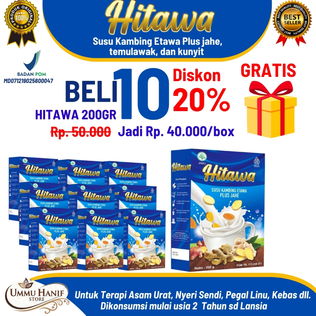 

HITAWA 10 Box Paket Reseller susu etawa Jahe Terapi nyeri sendi dan tulang