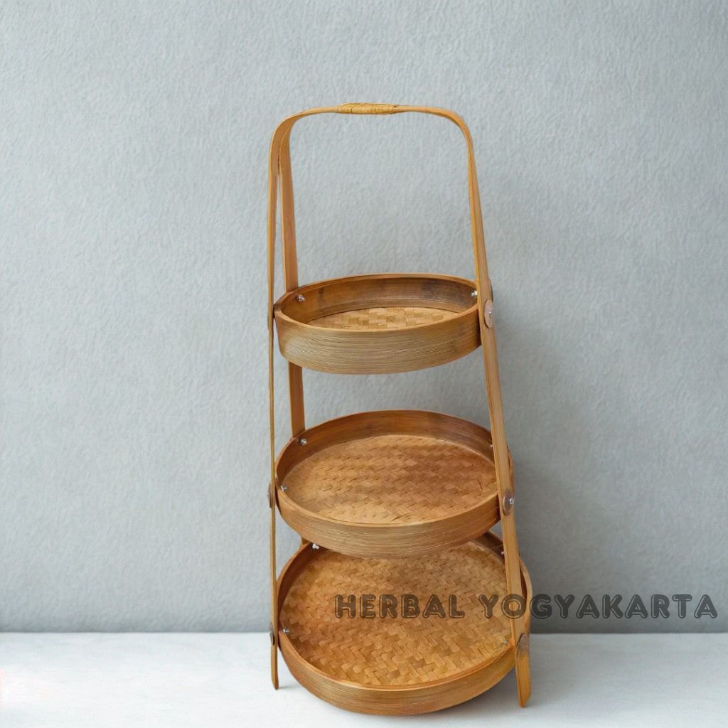 Rak Bawang Bumbu Bulat Susun 3 - Wadah Rak Bawang Susun 3 - Anyaman Bambu Susun 3 - Rak Dapur Bulat 