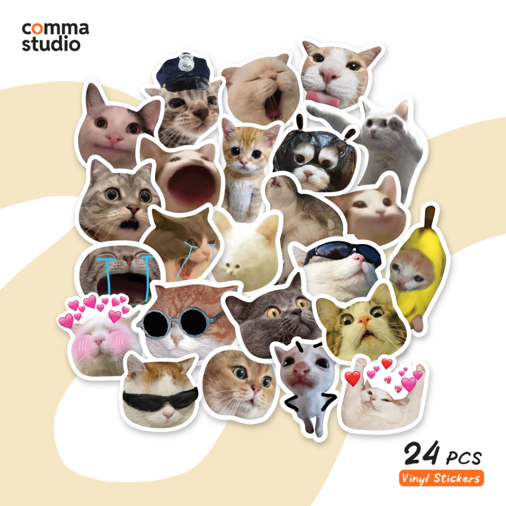 

24 Pcs Sticker Meme Kucing Lucu | Stiker Vinyl Waterproof Anti Sobek | Die Cut 2-5cm