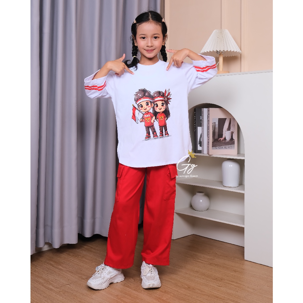 Kaos Anak Motif Kartun Merah Putih | kaos kemerdekaan Indonesia /kaos baju merah putih anak/setelan 