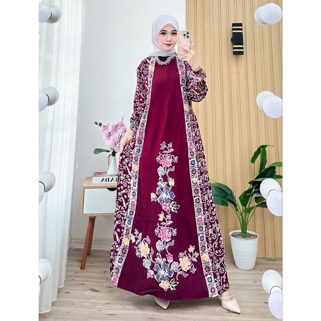 Gamis Batik Encim Adem Nyaman Panjang Muslimah-Merah Maroon A