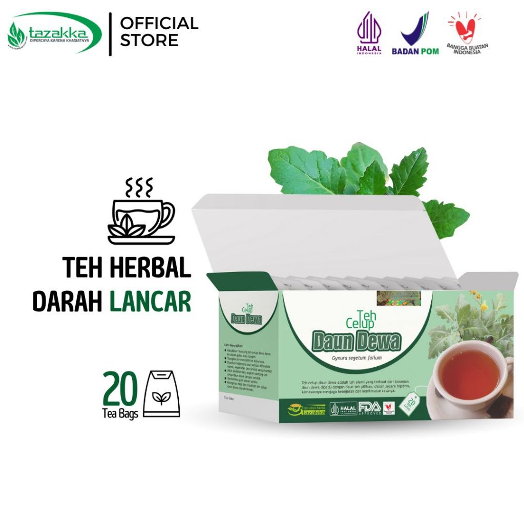 

TAZAKKA Teh Daun Dewa Kering Isi 20 Kantung Celup Tea Bag Minuman Kesehatan Herbal Pelancar Darah / Daun Dewa Melancarkan Peredaran Darah isi 20 Teh Celup