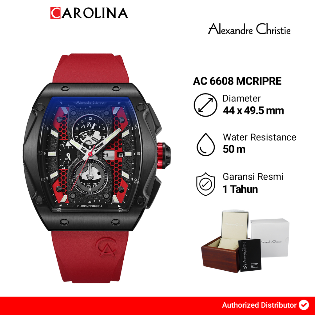 Jam Tangan Pria Alexandre Christie Chronograph AC 6608 MCRIPRE Black Dial Red Rubber Strap