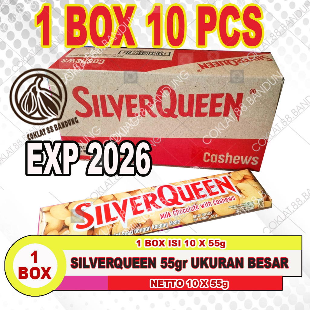 

SilverQueen 55gr Cashew 1 Box Isi 10 – Coklat Mede Mete Ukuran Besar