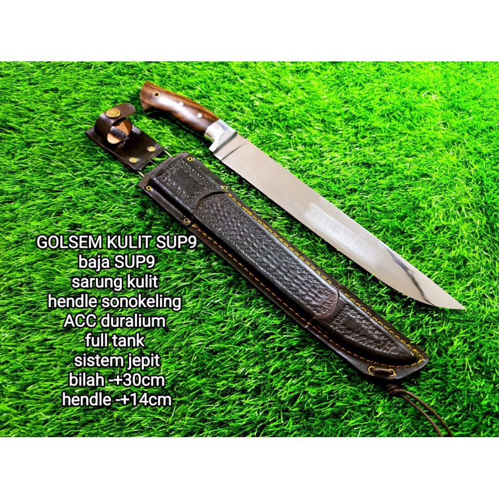 Pisau GOLSEM baja SUP9 full tank sarung kulit