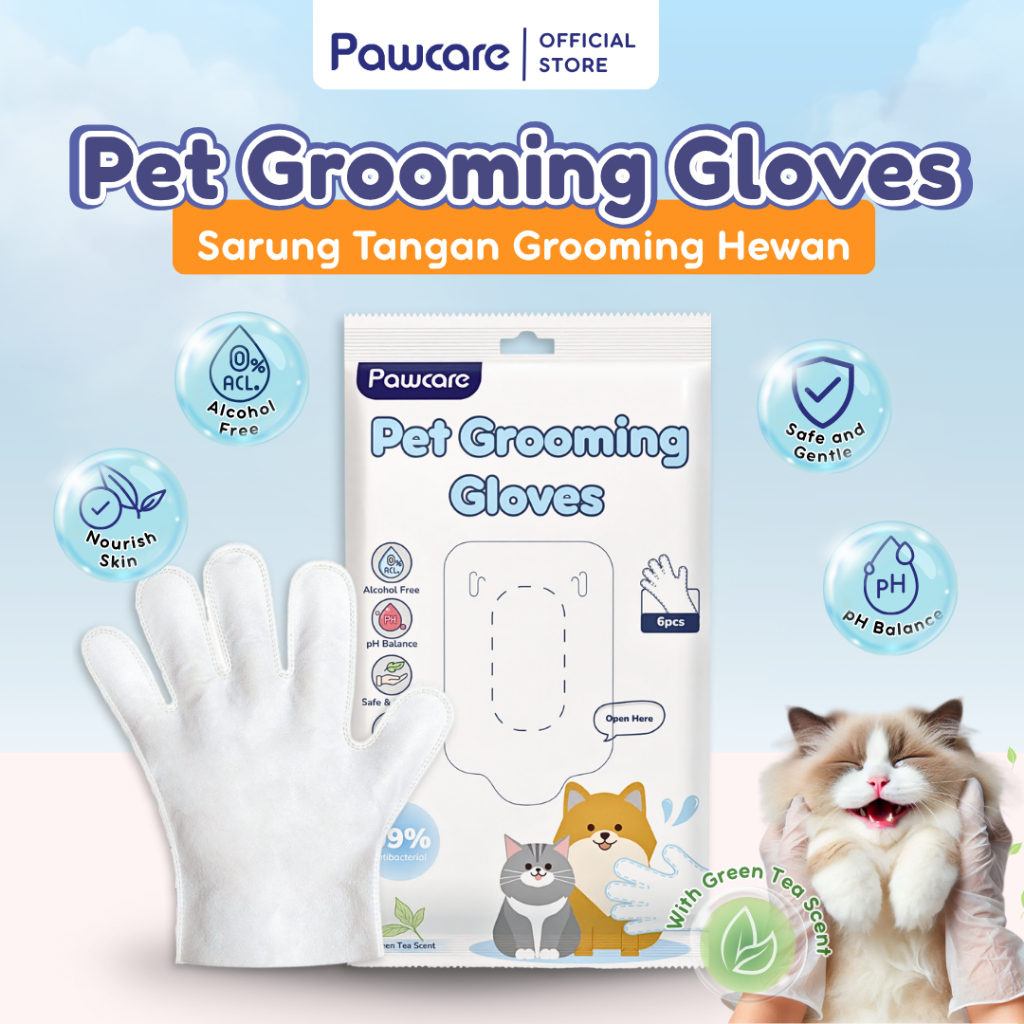 PAWCARE - PET CARE GROOMING GLOVES TEA TREE EXTRACT ISI 6 PCS-SARUNG TANGAN MANDI KUCING TANPA BILAS