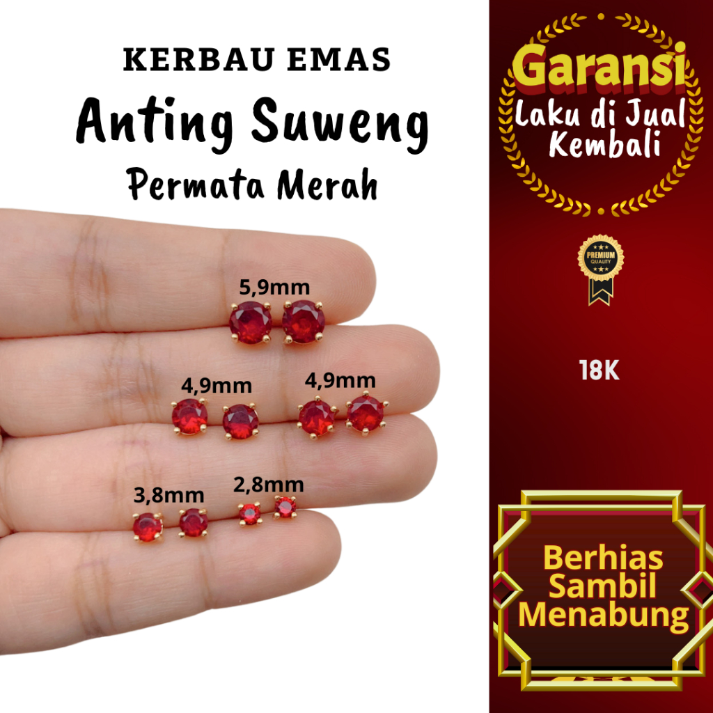 S 1064 Kerbau Emas Anting Suweng Permata Merah Warna 18K