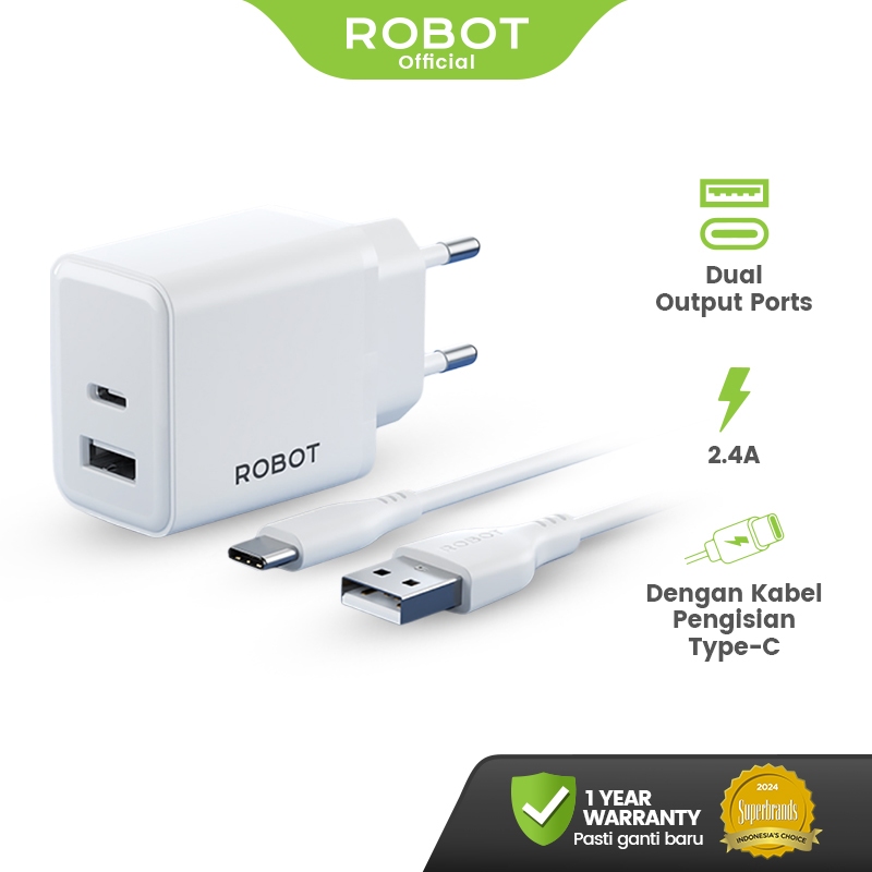 ROBOT Adaptor Charger 12W Fast Charging Dual Port with Micro USB Type-C Cable 2.4A Kepala Charger fo