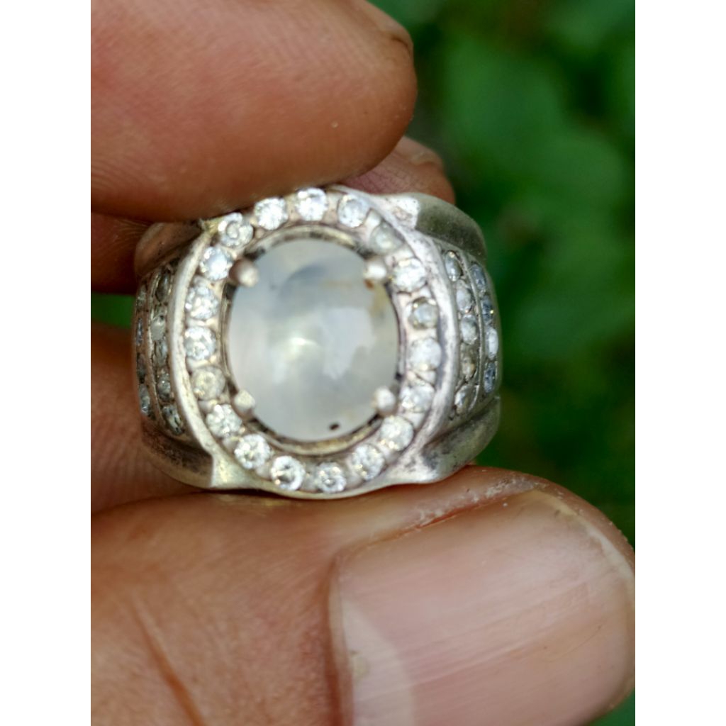 Batu Mulia Natural White Sapphire Star Ceylon Srilanka 5 Ct Up Dim-10 Kristal Ring Perak