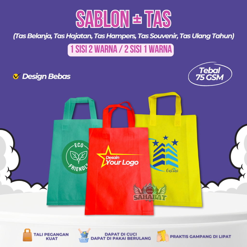 

CUSTOM SABLON PLUS TAS Goodie Bag 1 SISI 2 WARNA / 2 SISI 1 WARNA HANDLE Tas Belanja Lipat Kantong Spunbond Hampers Souvenir