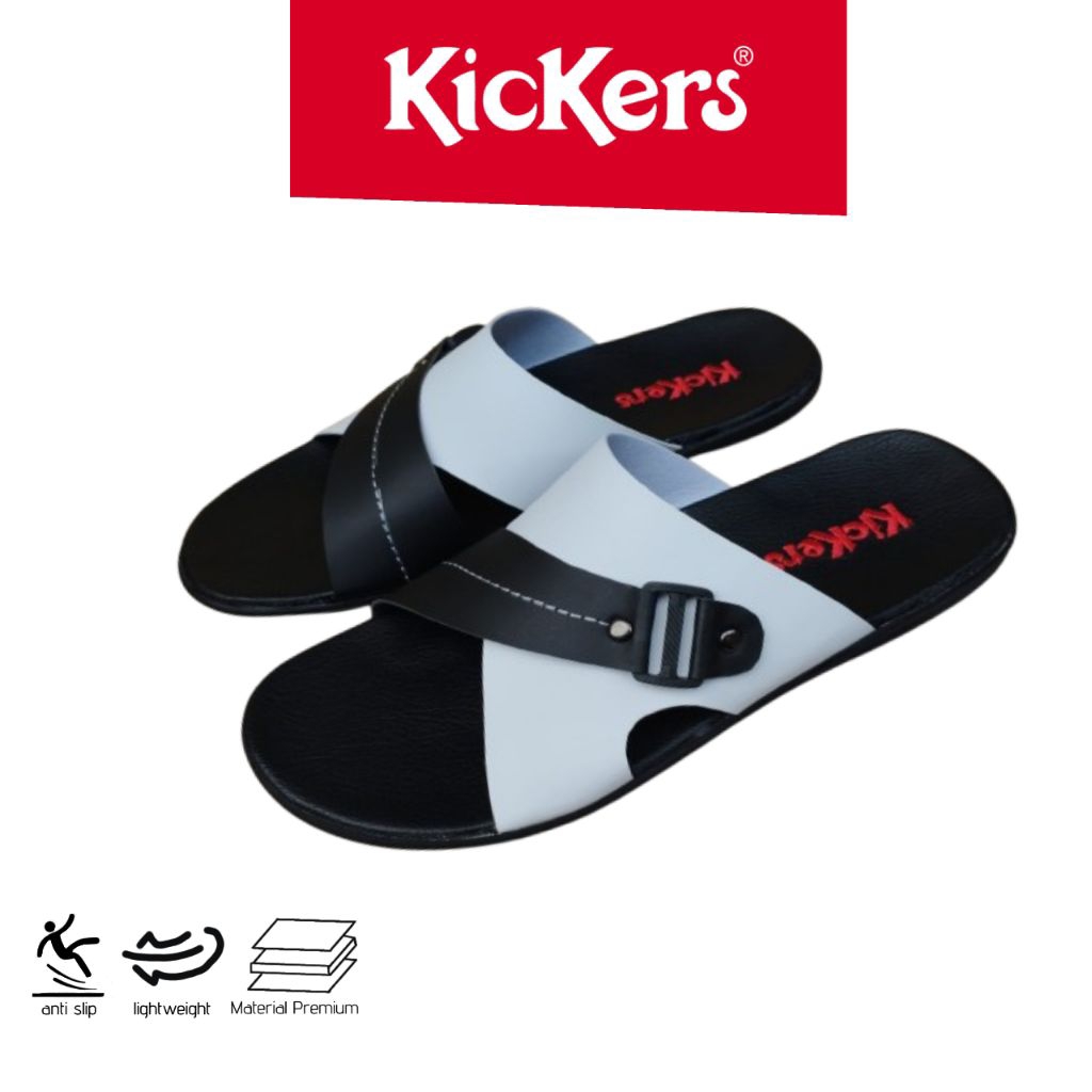 Sandal Selop Slip On Kickers Lux Hitam Putih