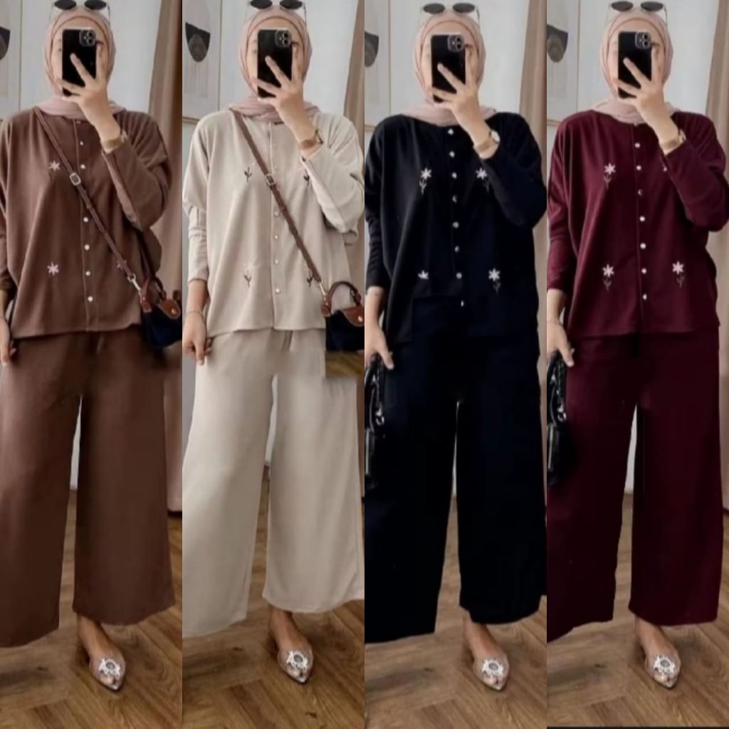 Setelan Wanita Kekinian Bahan Knit Mix Bordir Motif Bunga Melati One Set Kulot