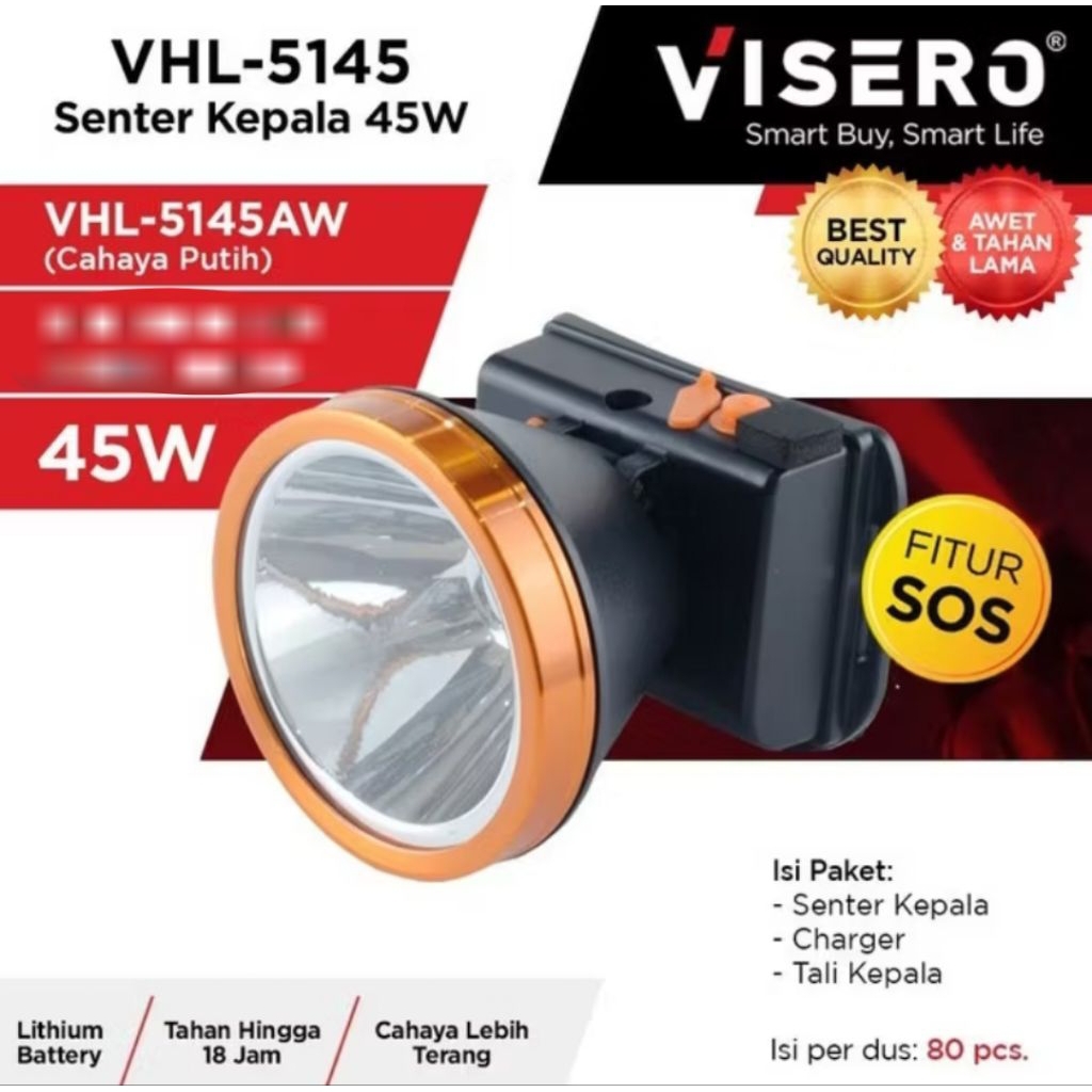 vhl-5145 senter kepala visero 45watt cahaya putih tahan hingga 15jam