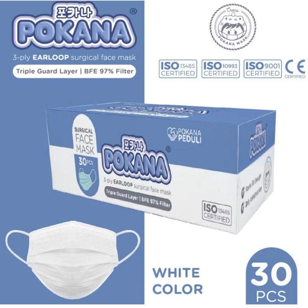 Masker POKANA 3-ply HEADLOOP Surgical Face Mask Kemasan Box isi 30 pcs Warna PUTIH HIJAU Masker 4ply