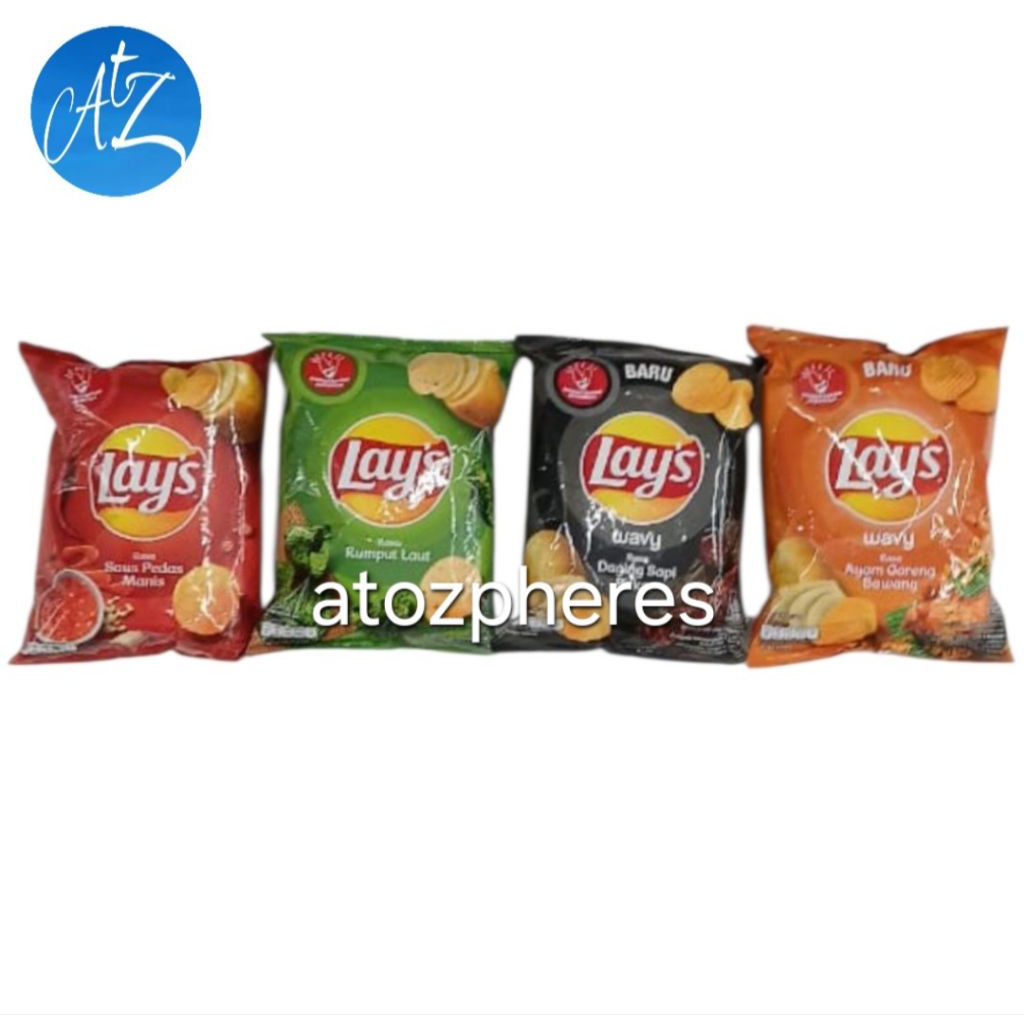 

Cemilan snek makanan ringan kripik keripik kentang rasa rumput laut saus pedas manis Wavy daging sapi bakar ayam goreng bawang halal MUI Lay's Lays Lay 64g