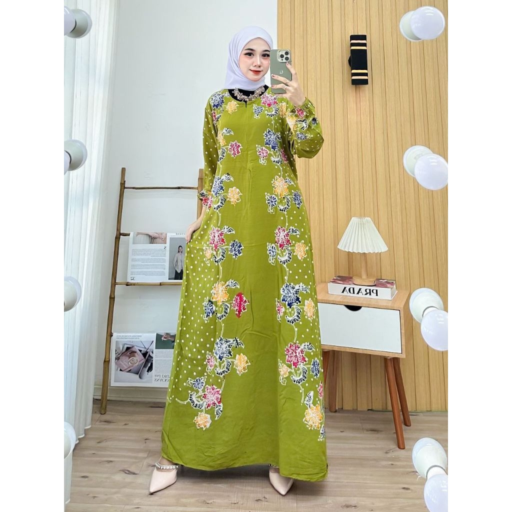 Gamis Batik Encim Adem Nyaman Panjang Muslimah-Hijau Titik