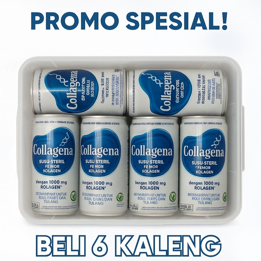 

Collagen Susu Steril 1000mg Kemasan 6 Kaleng 189 ml. Free Box Container / Pouch Bag.