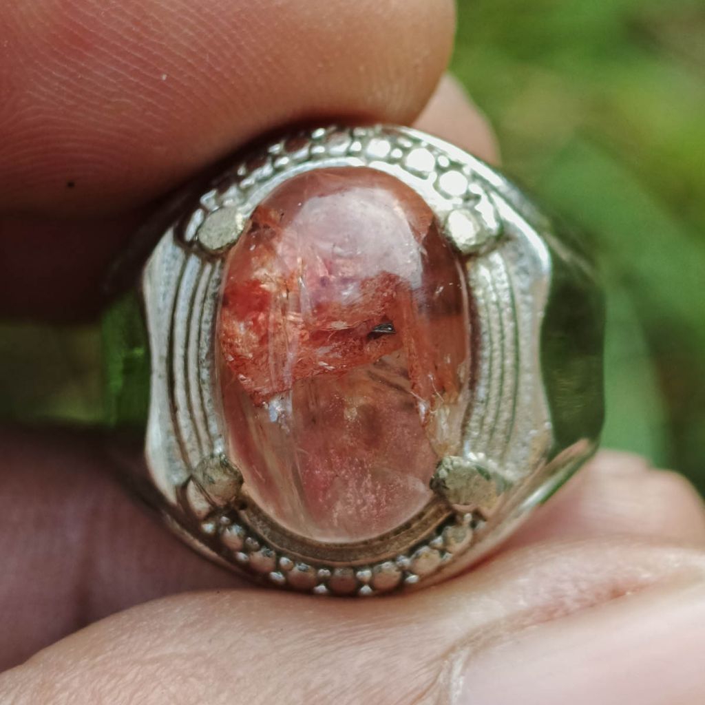 Batu Akik Cilopang Asli.Garut Rambut Cendana Merah Kristal Unik Dim-15 Ring Alpaka