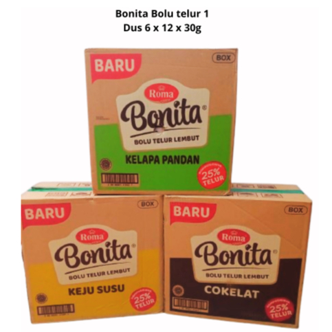 

ROMA BONITA BOLU TELUR LEMBUT COKELAT/KELAPA PANDAN/KEJU SUSU ( HARGA 1 Karton isi 6 box )
