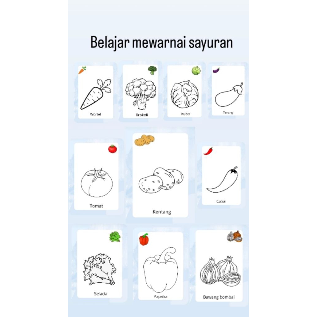 

Mewarnai 10 lembar macam-macam hewan/sayuran/buah