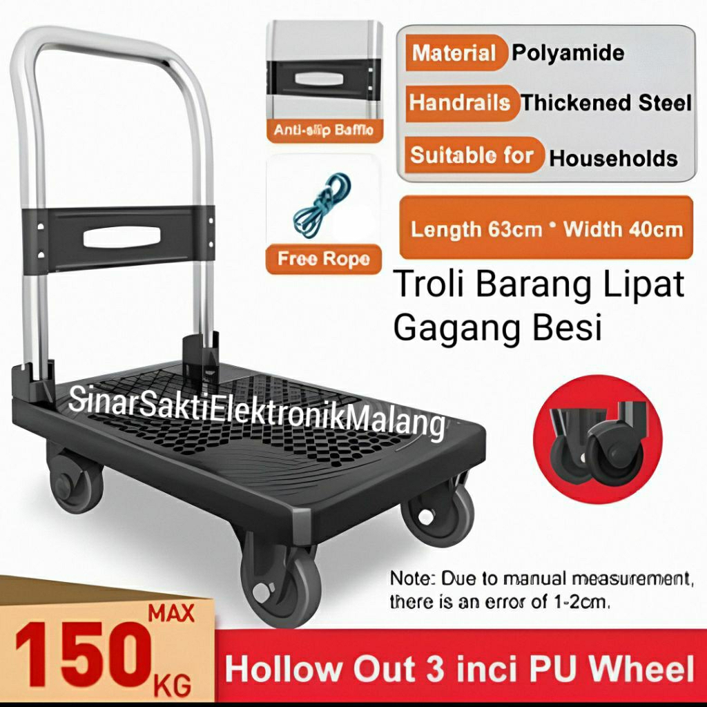 Troli Barang 150 Kg Lipat Gagang Besi 150Kg  Troli Beroda Roda 4 Troly Barang Alat Angkut Barang Ker