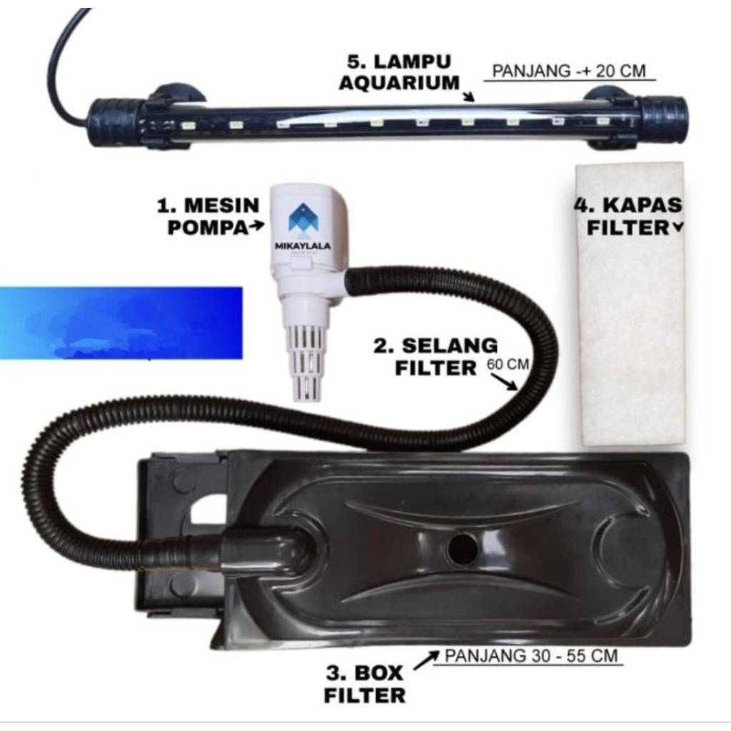 PAKET PERALATAN POMPA CELUP LAMPU FILTER AQUARIUM 40-60 CM led 20cm box sedang
