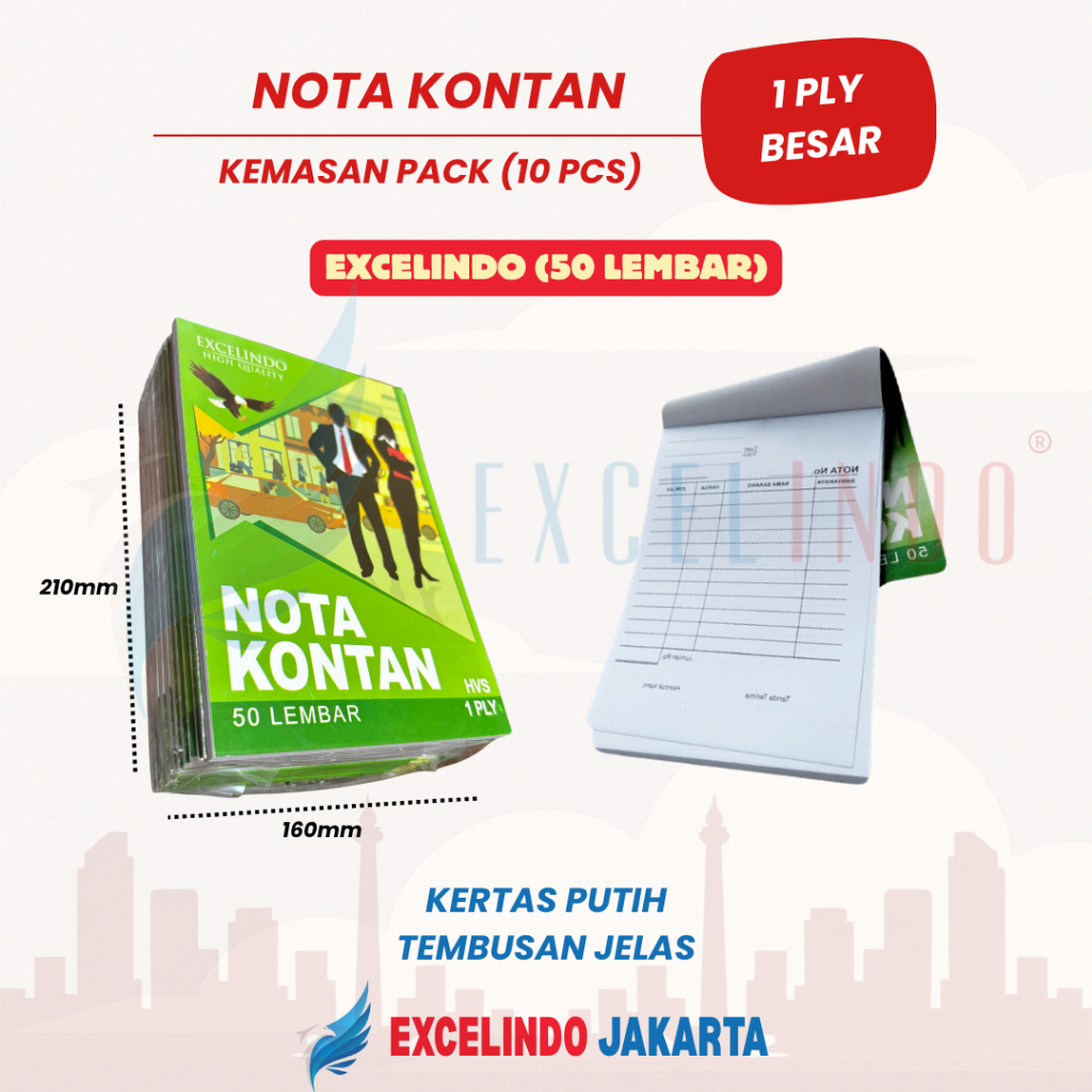 

(1 PACK/10 BUKU) Excelindo Nota Kontan 1 ply HVS UKURAN BESAR (160mm*210mm)