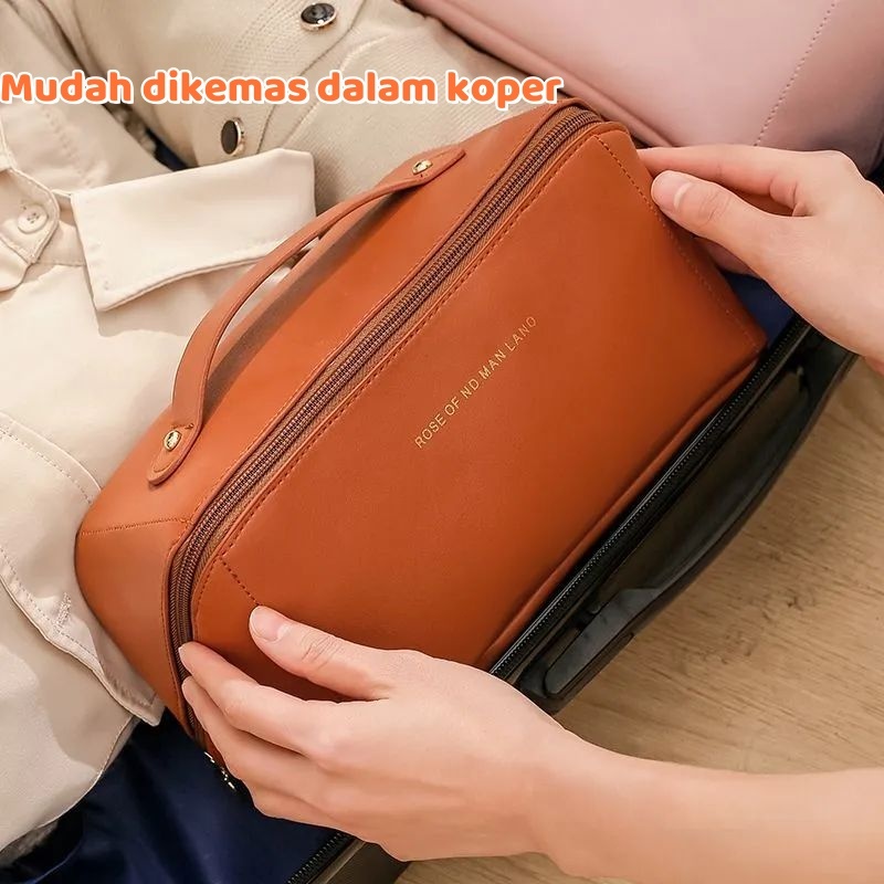 Tas Kosmetik Warna Solid Tas Penyimpanan Kosmetik Kulit PU Tas kosmetik tahan air Tas make up travel