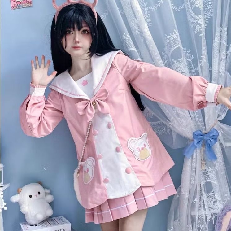 Bear pink seifuku seragam sekolah perempuan jepang beruang pink baru