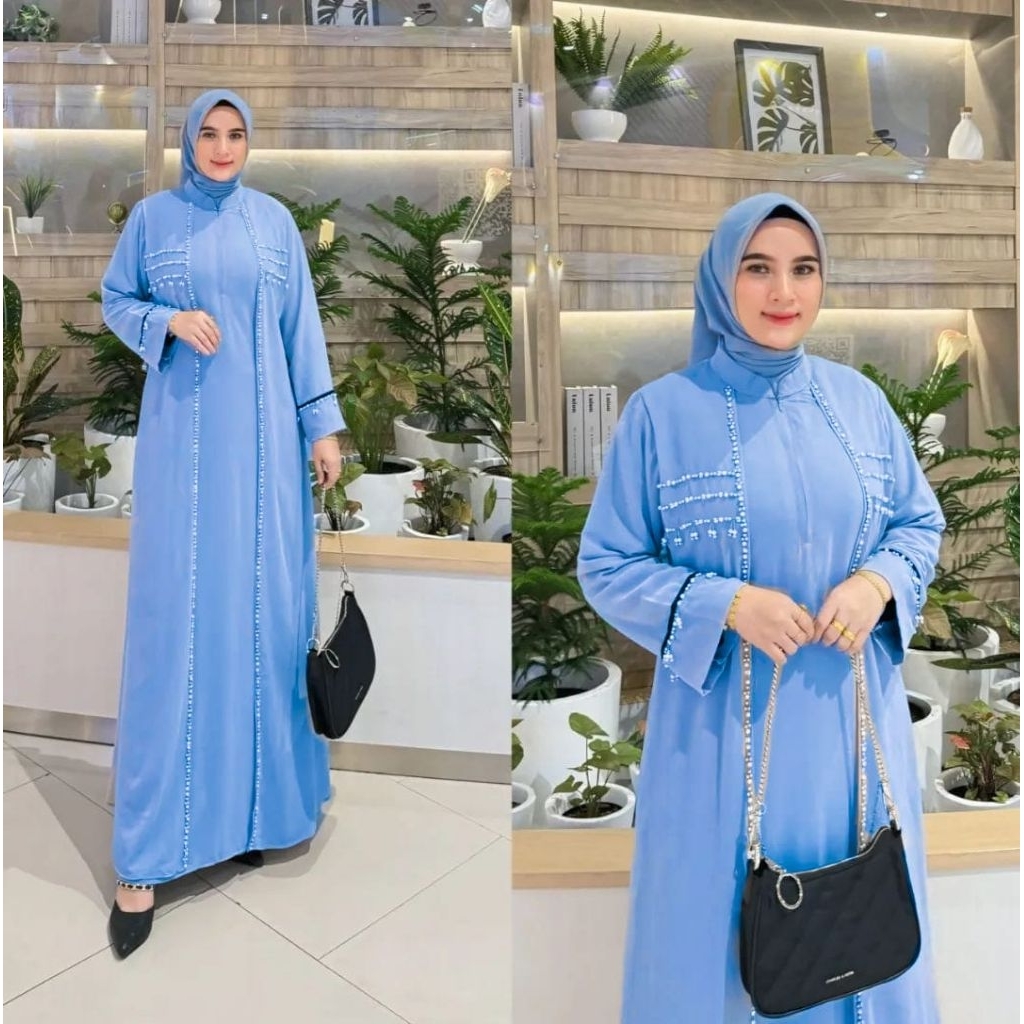 Abaya Wanita Dewasa Terbaru 2025 Gamis Mewah Kamila Abaya Bahan Ceruty Babydoll Aplikasi Mutiara Pay