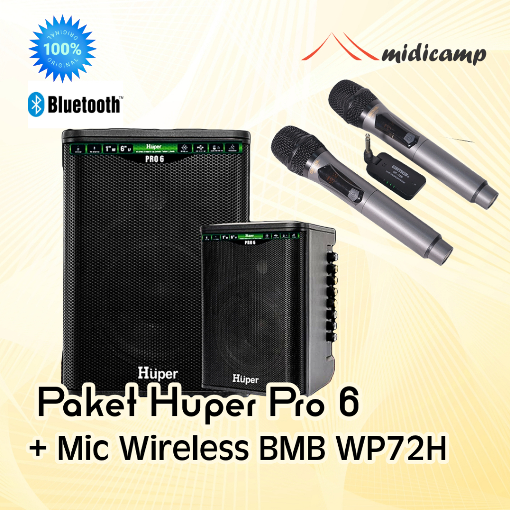 Huper PRO 6 Portable Speaker Paket + Wireless BMB WP-72H 2 microphone | Suara Jernih PRO6 WP72H