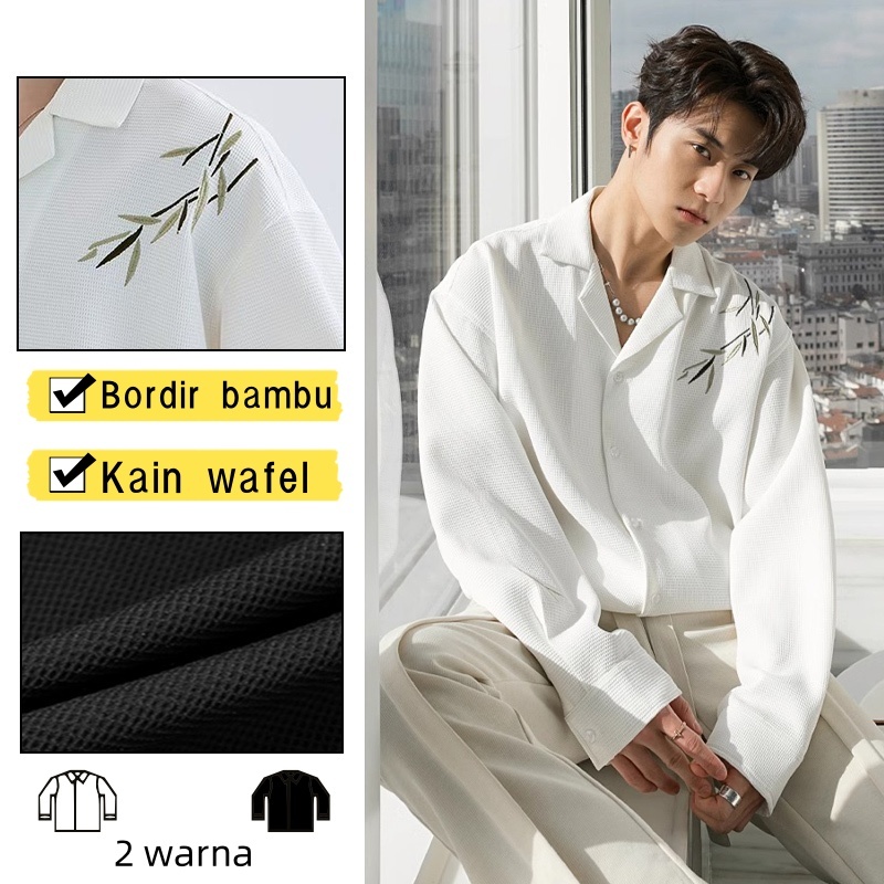 Kemeja Korean Style Pria Putih Sulaman Bamboo 2025 Dewasa Shirt Oversize / Kemeja Korea Style Pria