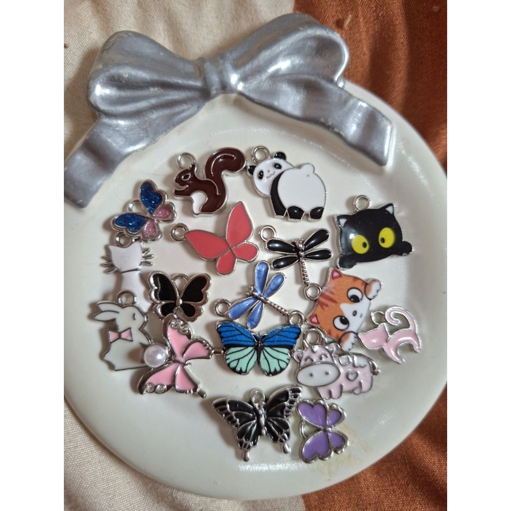 (1pcs) Charm enamel epoxy base silver animal kupu capung butterfly bunny kelinci cat kucing