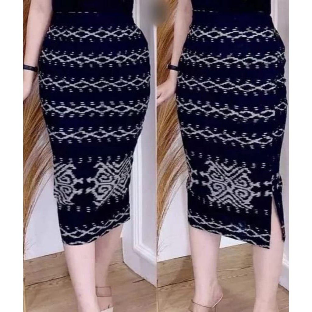 Rok span 7/8 Tenun ikat belah samping kiri karet kanan kiri - LONGKEK HITAM